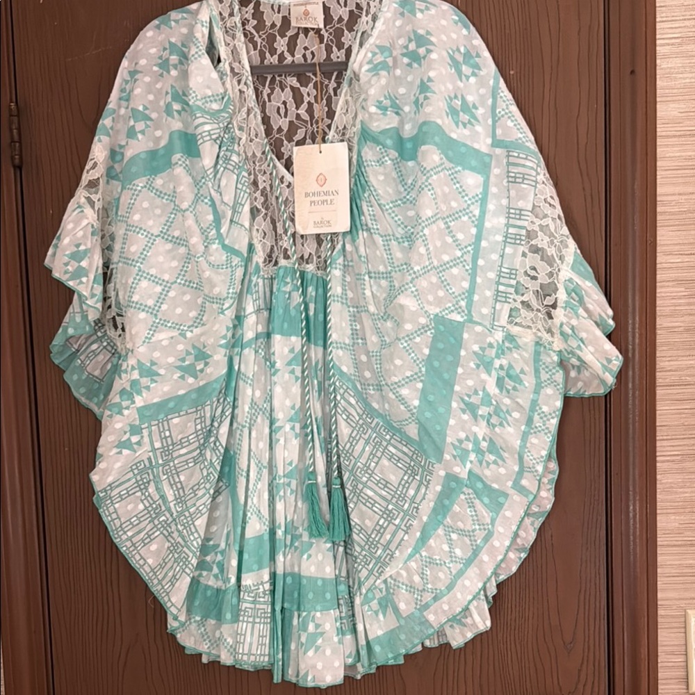 Barok Blue and White Relaxed Blouse/Dress with Pleated Neckline.  Gorgeous